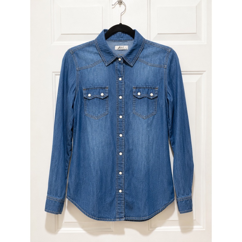 JISOO Activewear Womens Medium Wash Denim Western Pearl Snap Button Down Shirt M
